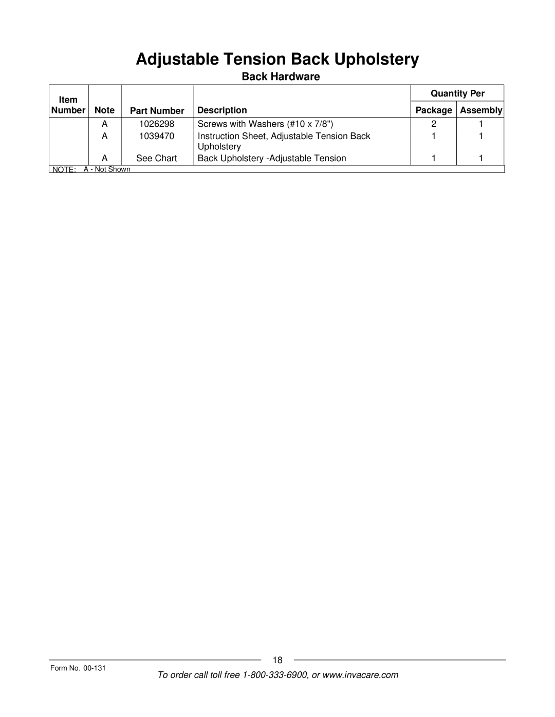 Invacare A-6 manual Back Hardware 