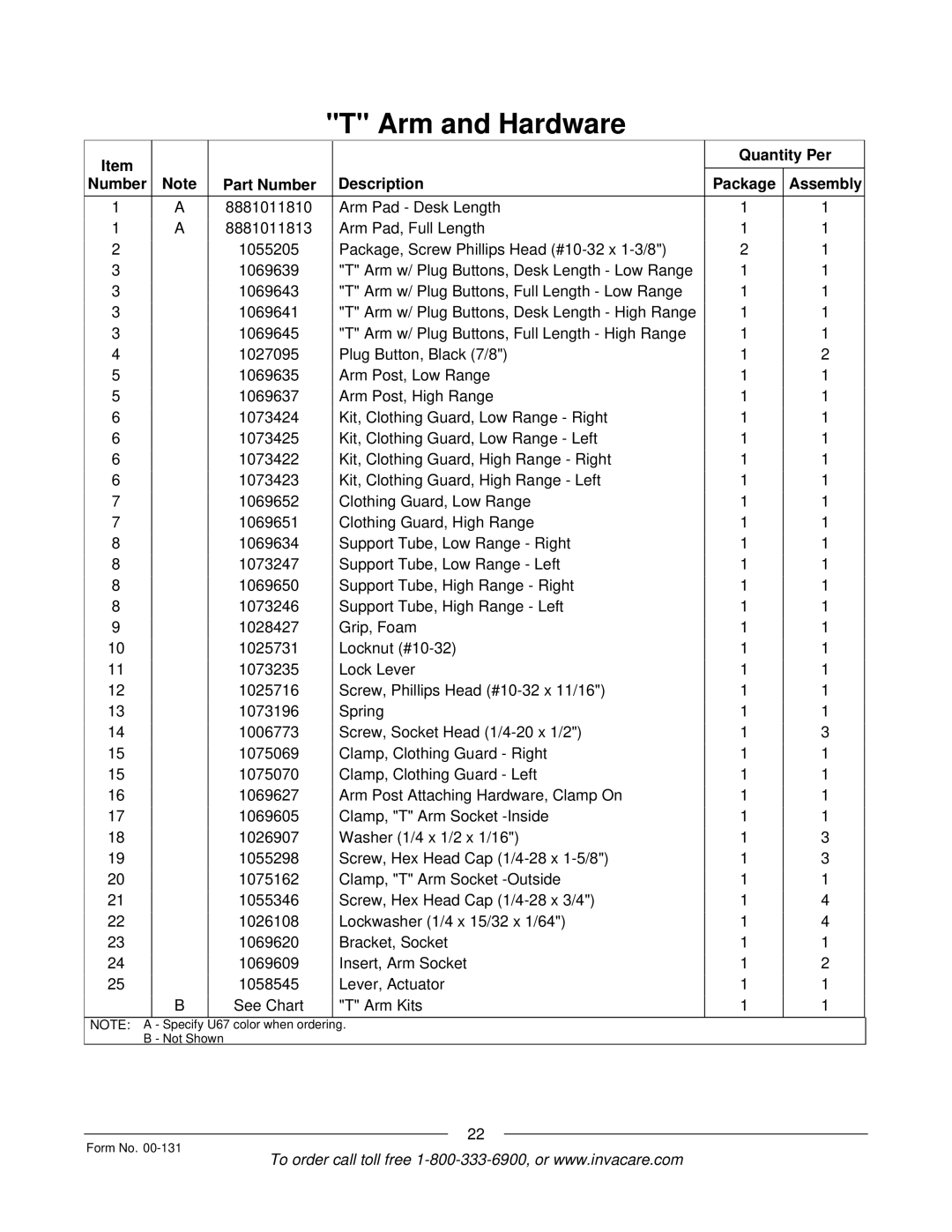 Invacare A-6 manual Specify U67 color when ordering Not Shown Form No 