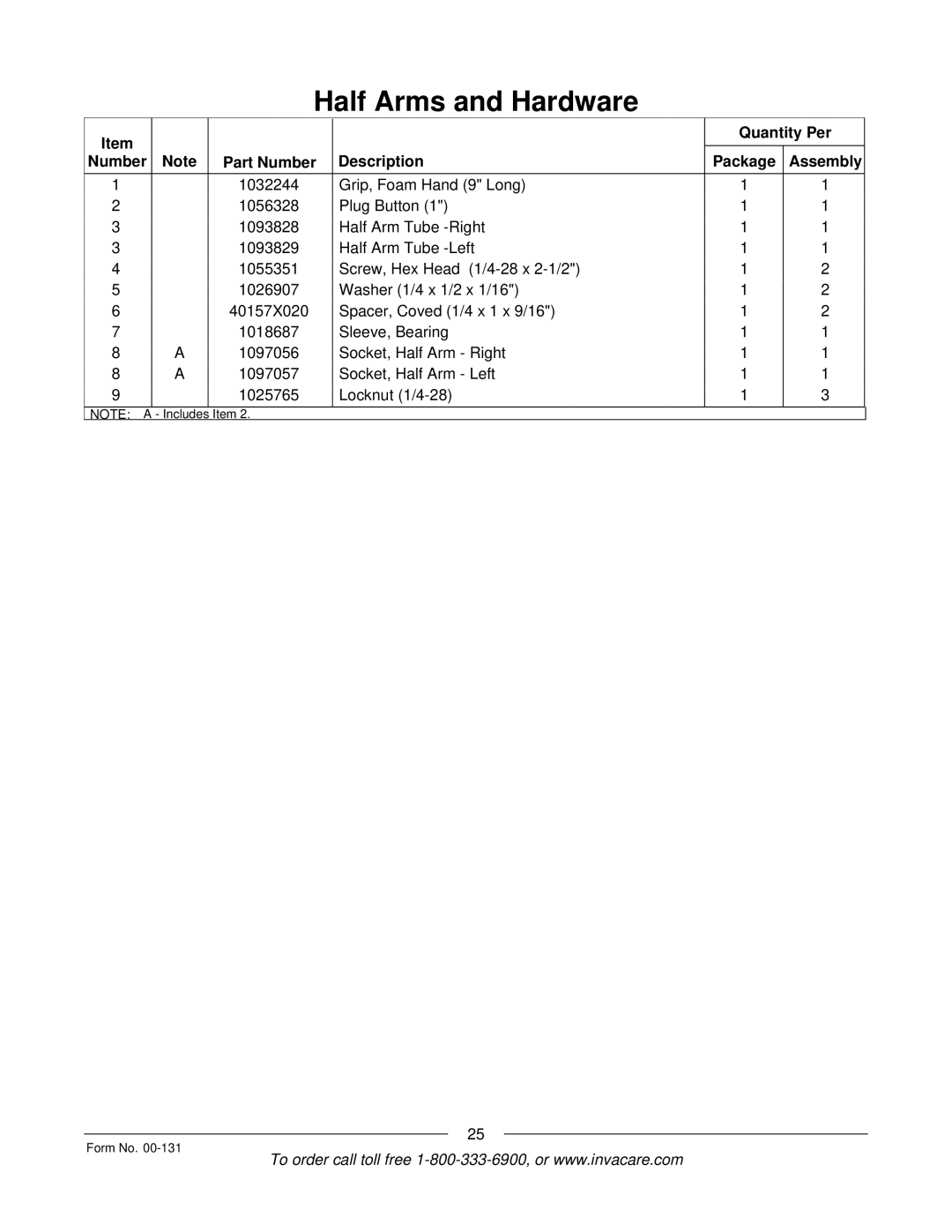 Invacare A-6 manual Includes 