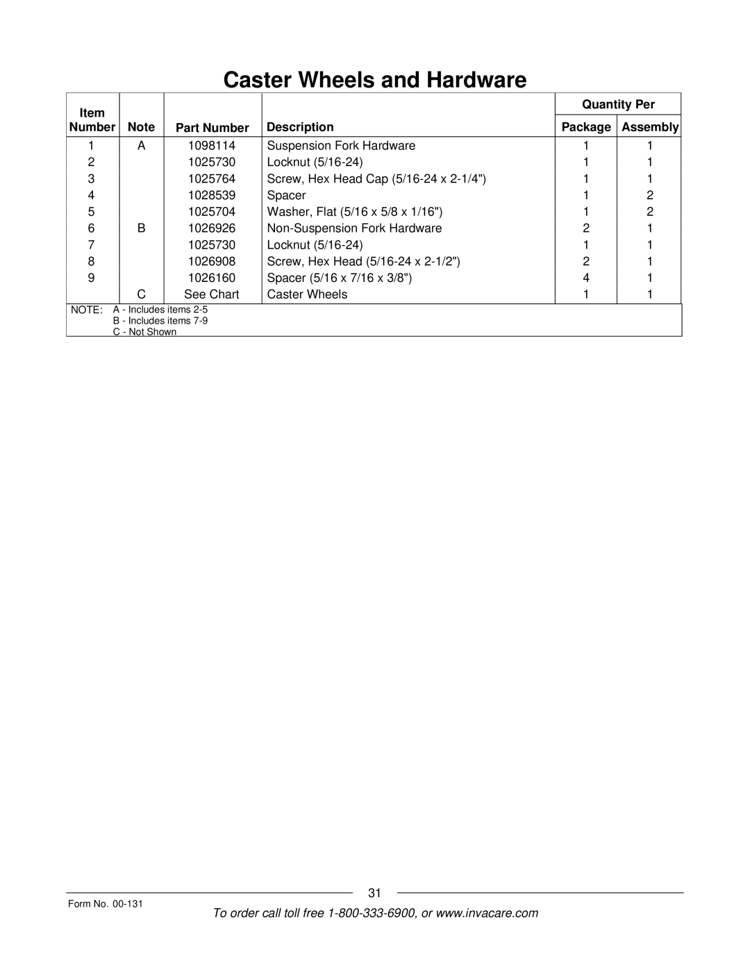 Invacare A-6 manual Items Includes items Not Shown Form No 