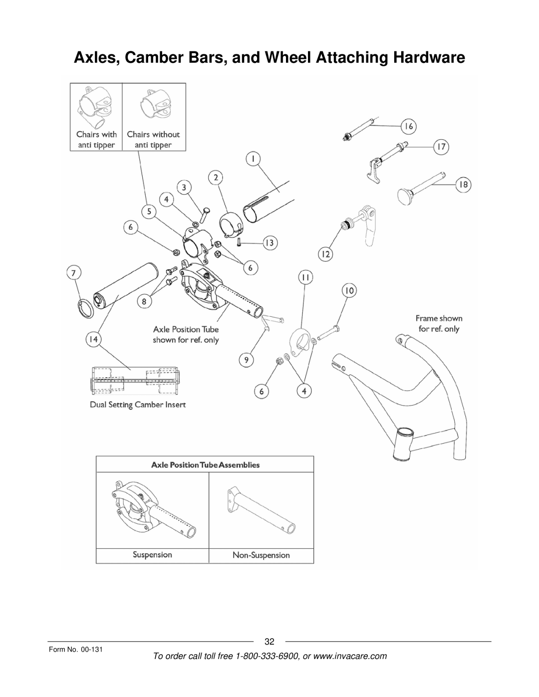 Invacare A-6 manual Axles, Camber Bars, and Wheel Attaching Hardware 