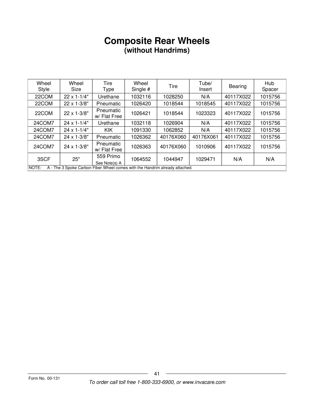 Invacare A-6 manual Composite Rear Wheels, Without Handrims 
