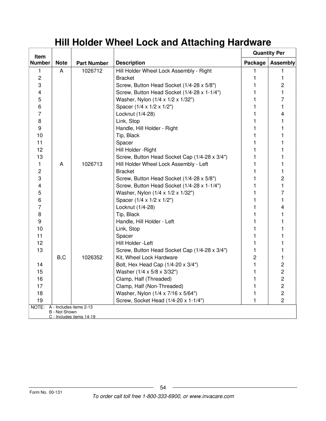 Invacare A-6 manual Items Not Shown Includes items Form No 