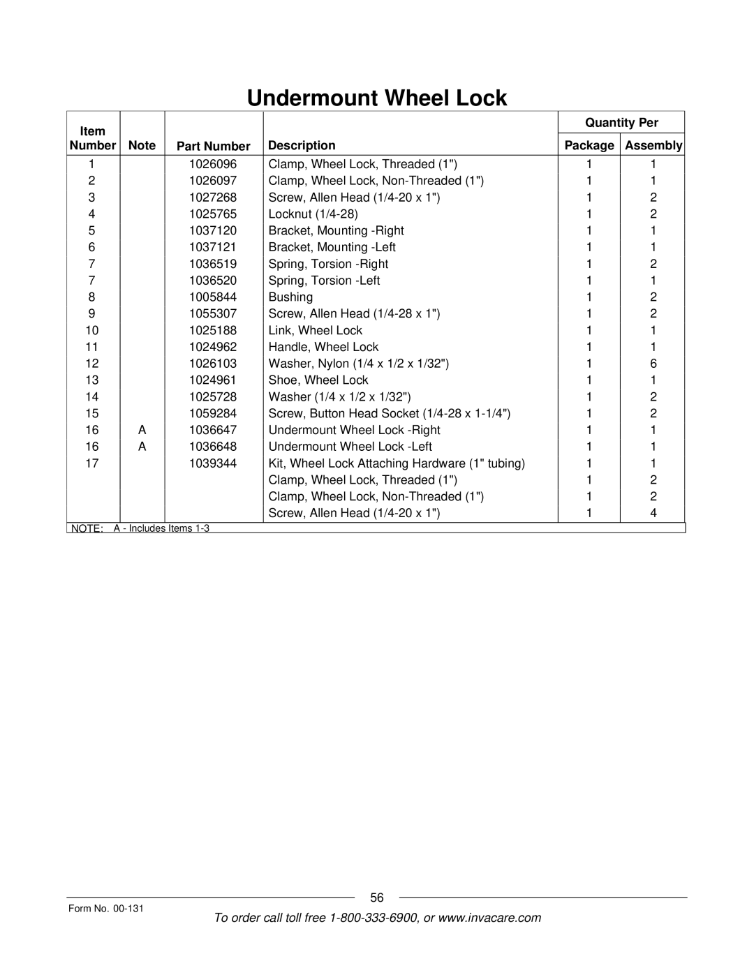 Invacare A-6 manual Items 