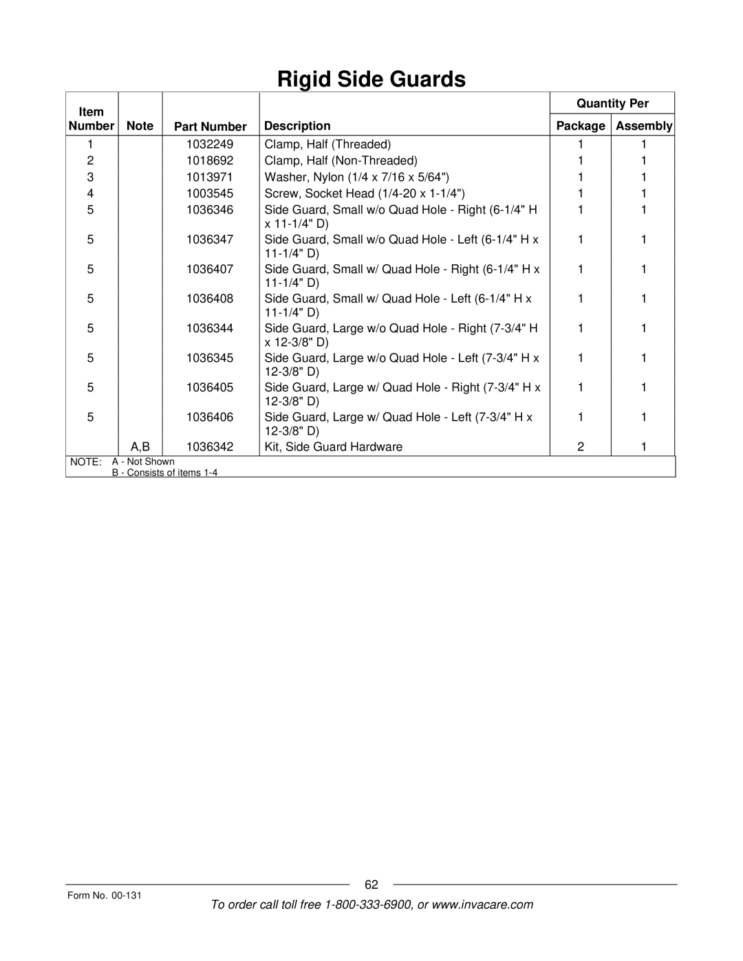 Invacare A-6 manual Not Shown Consists of items Form No 