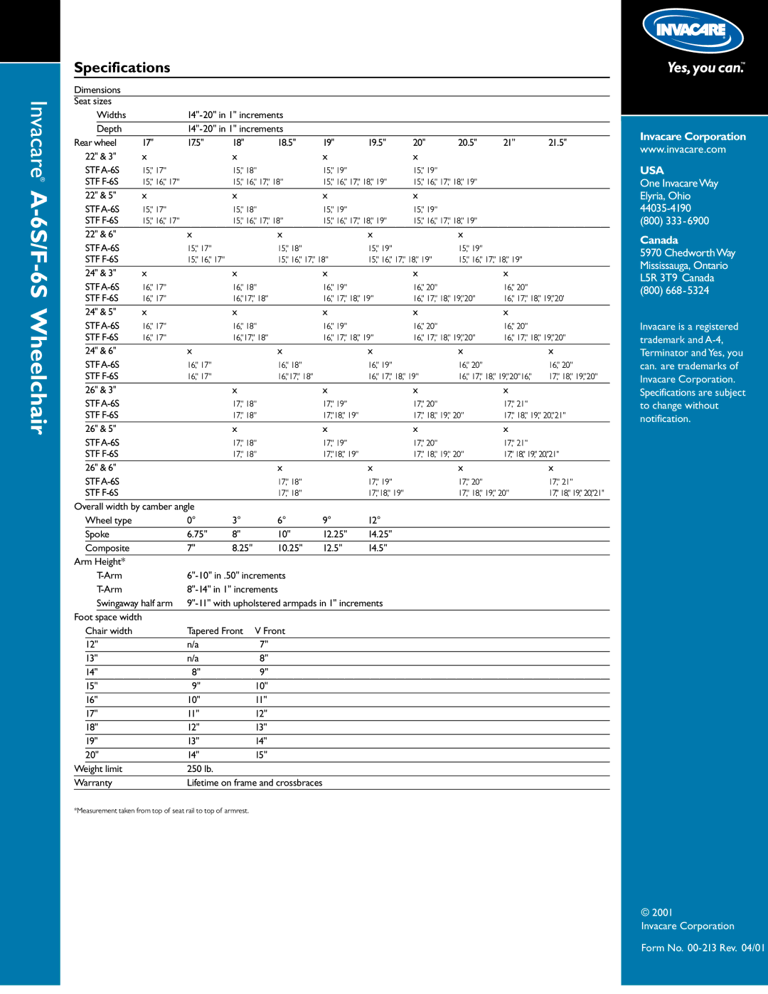 Invacare F-65, A-65 specifications Invacare A-6S/F-6S Wheelchair, Specifications 