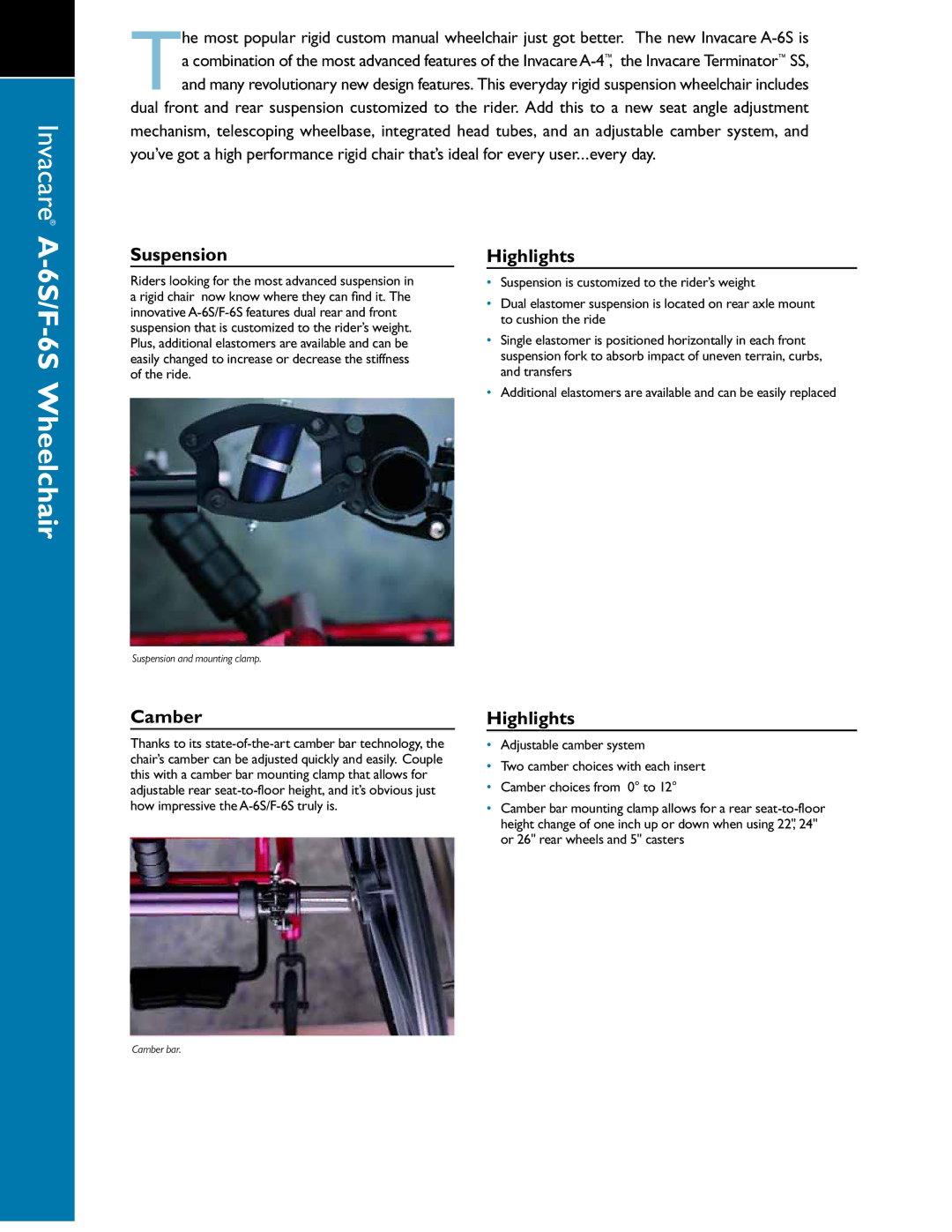 Invacare F-65, A-65 specifications 6S/F-6S Wheelchair, Suspension, Highlights, Camber 