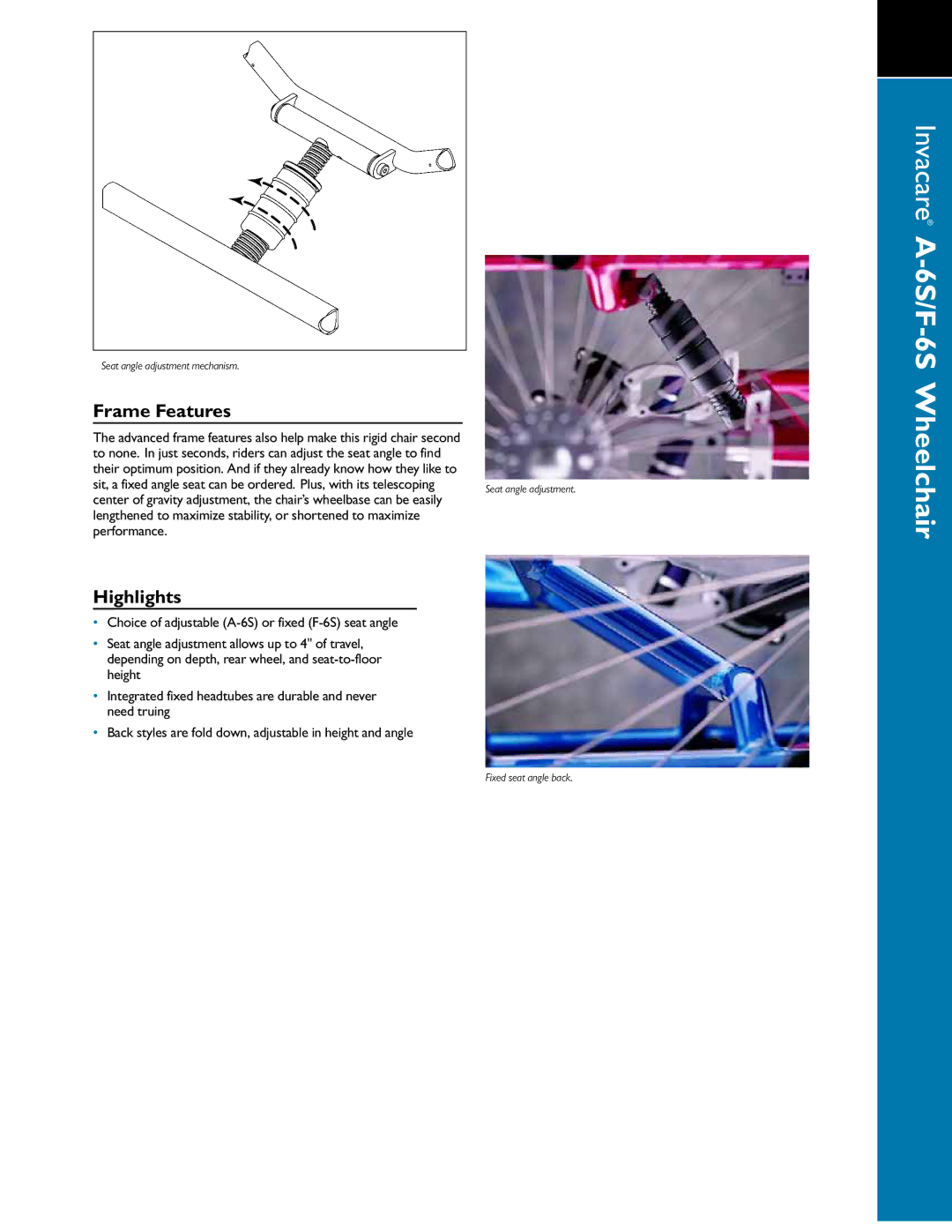 Invacare A-65, F-65 specifications Invacare A-6S/F-6S Wheelchair, Frame Features 