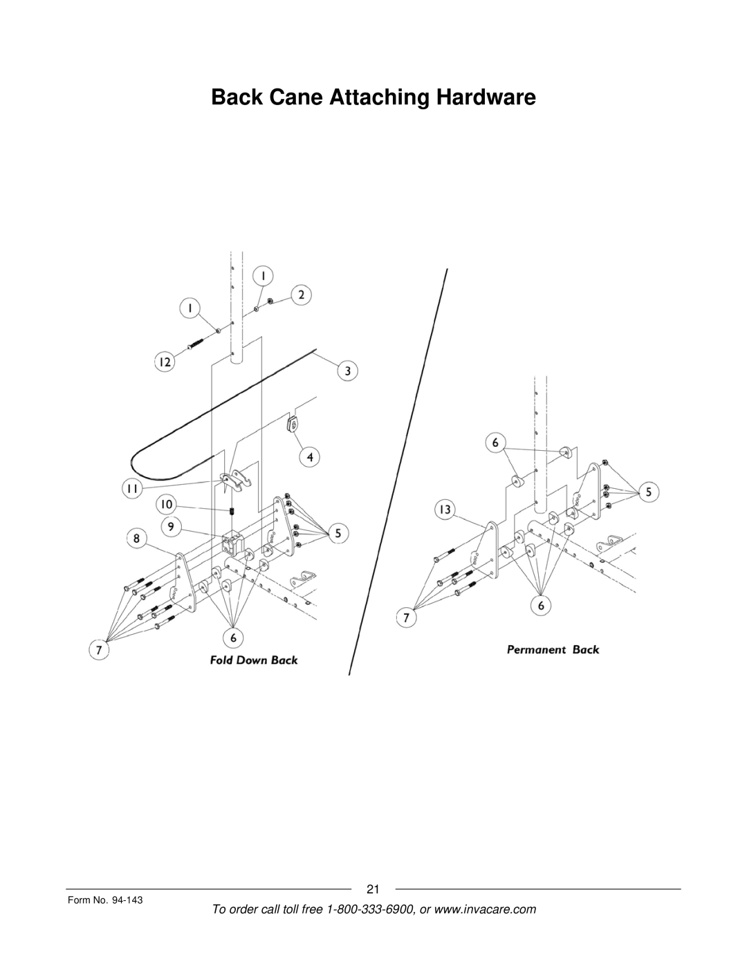 Invacare A-TTM manual Back Cane Attaching Hardware 