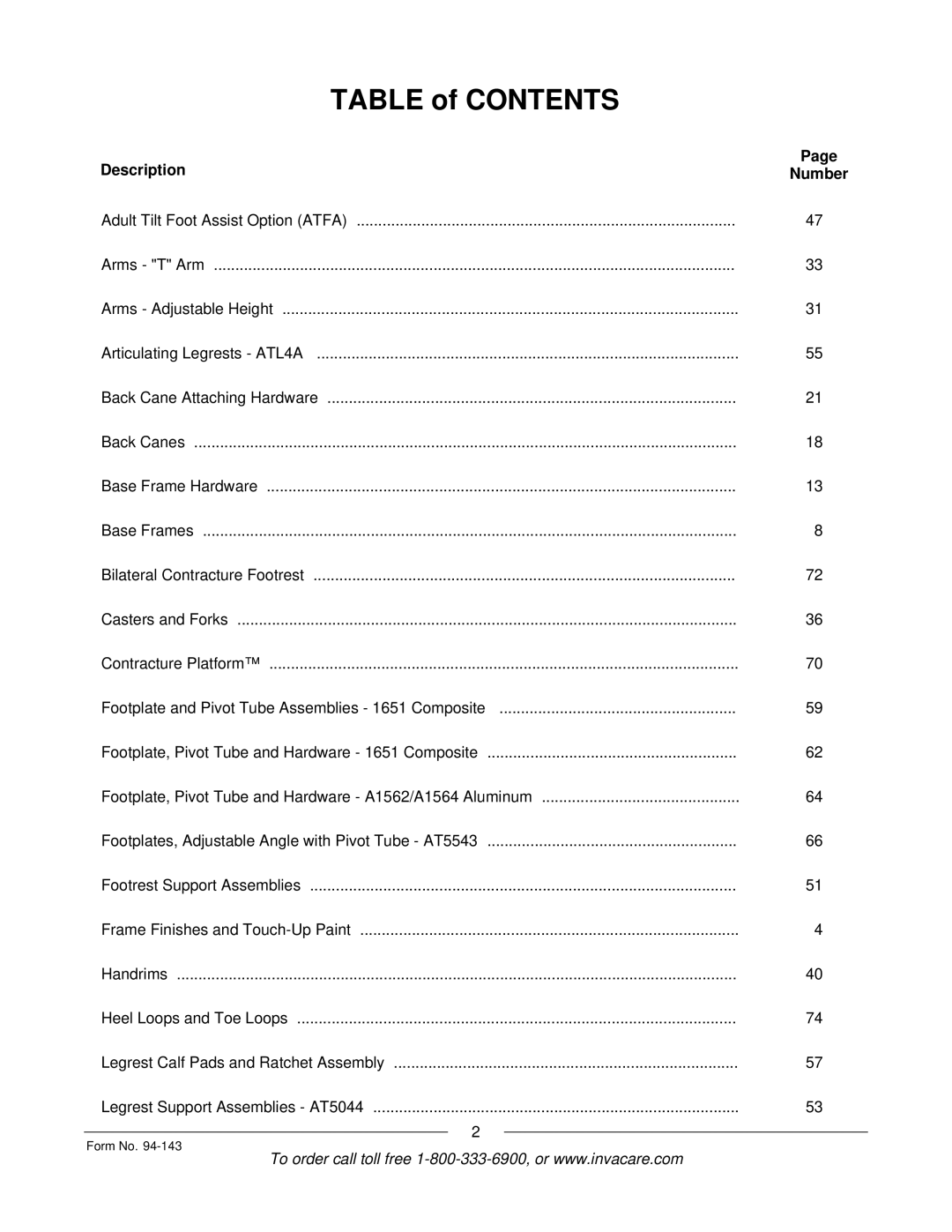 Invacare A-TTM manual Table of Contents 