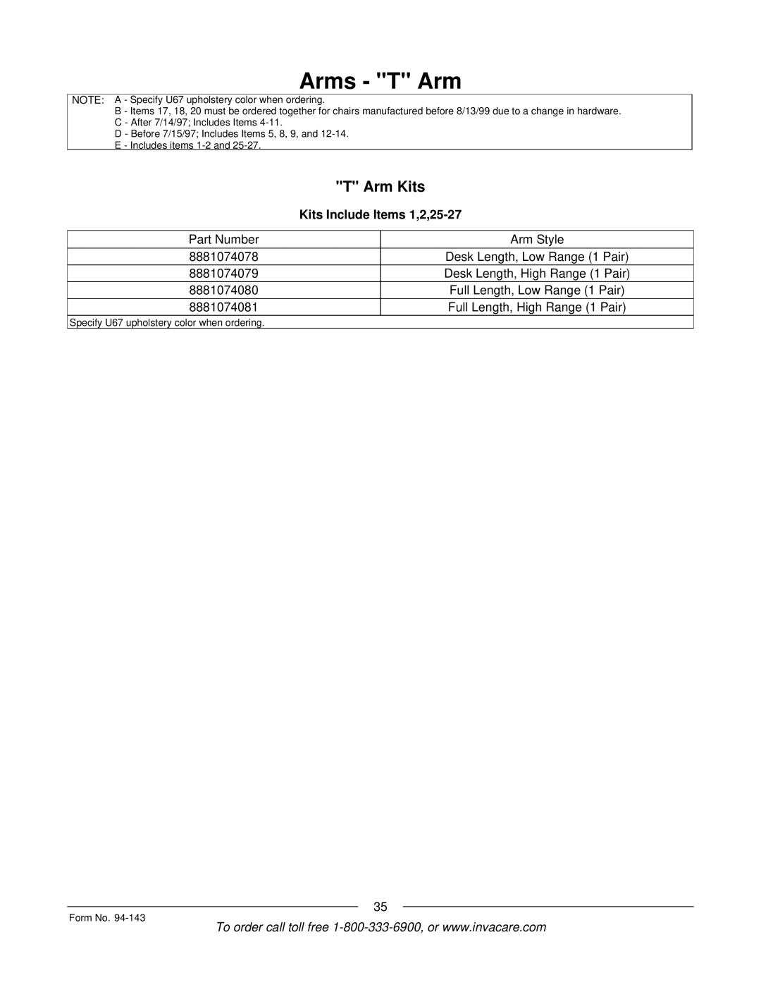 Invacare A-TTM manual Arm Kits, Kits Include Items 1,2,25-27 