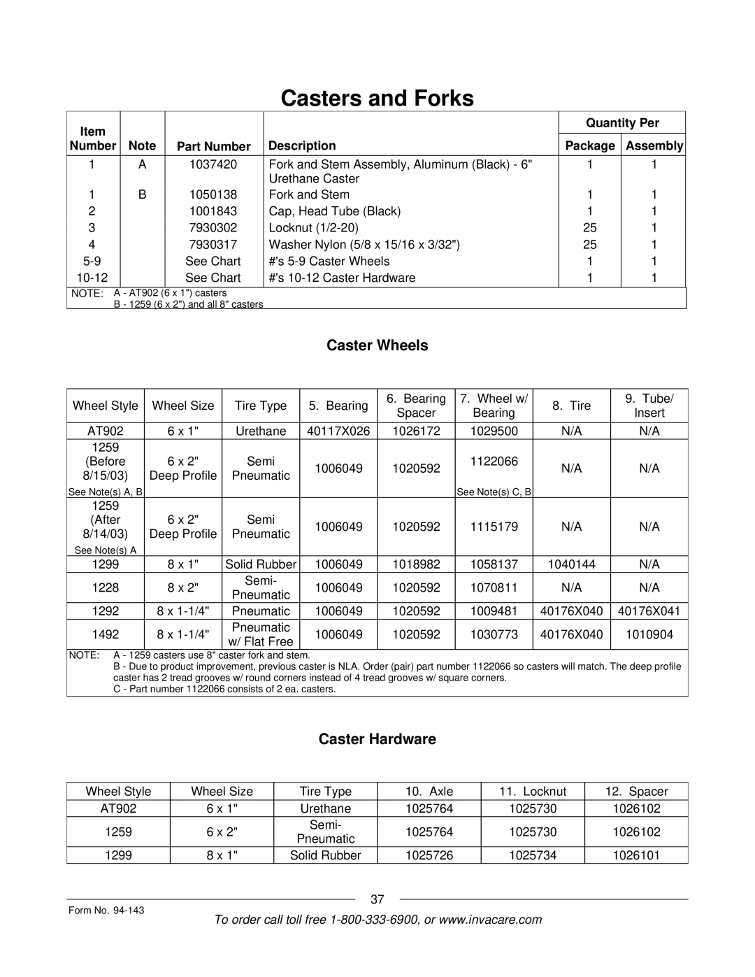 Invacare A-TTM manual Caster Wheels, Caster Hardware 