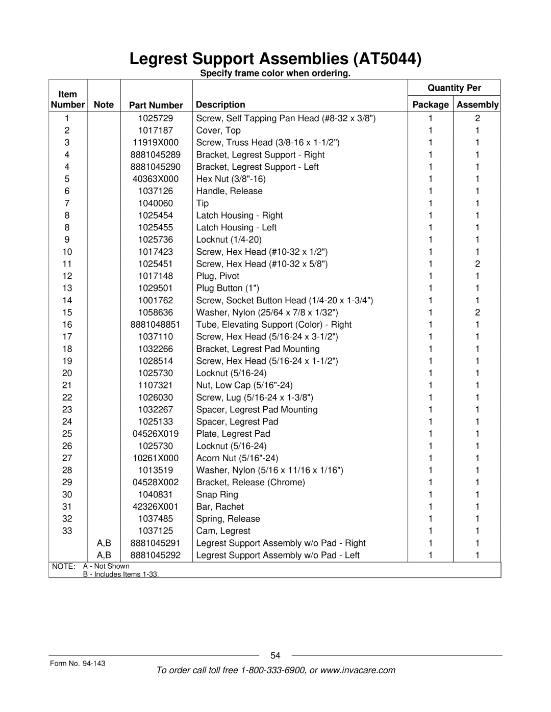 Invacare A-TTM manual Not Shown Includes Items Form No 