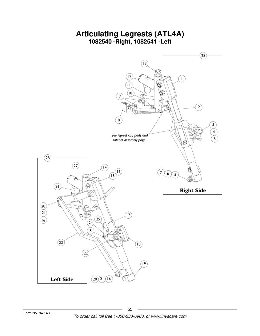 Invacare A-TTM manual Articulating Legrests ATL4A 