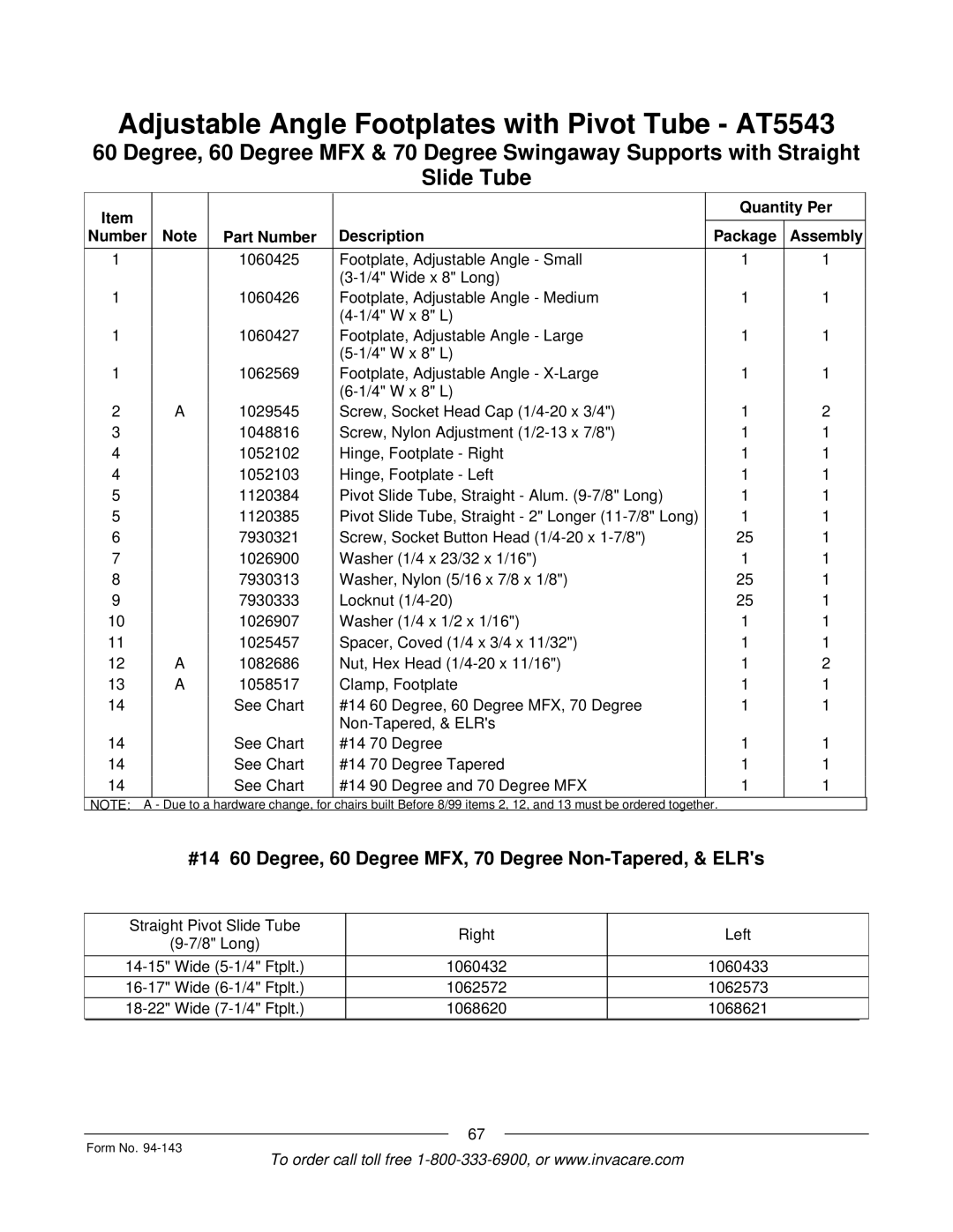 Invacare A-TTM manual #14 60 Degree, 60 Degree MFX, 70 Degree Non-Tapered, & ELRs 