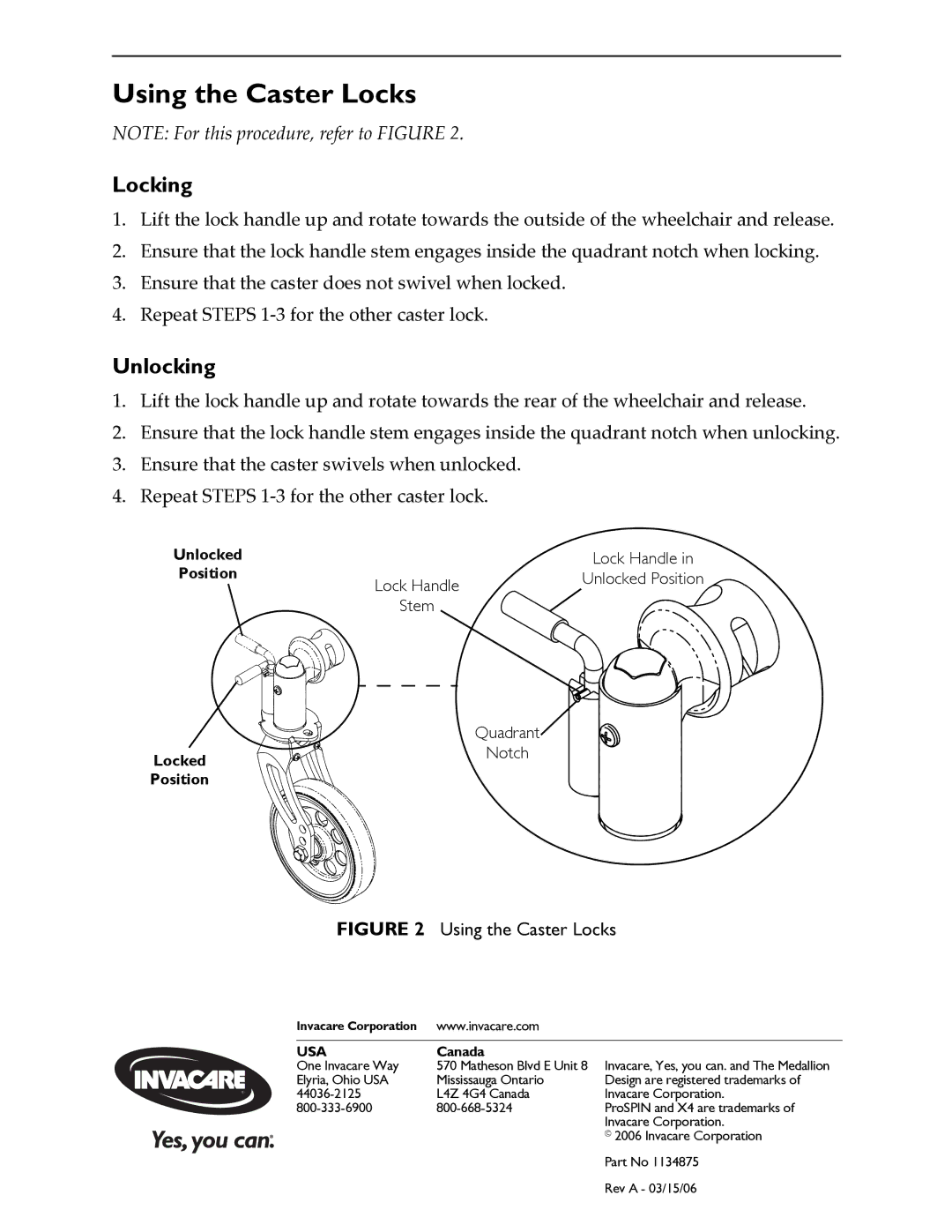 Invacare A1541 instruction sheet Using the Caster Locks, Locking, Unlocking, Quadrant 