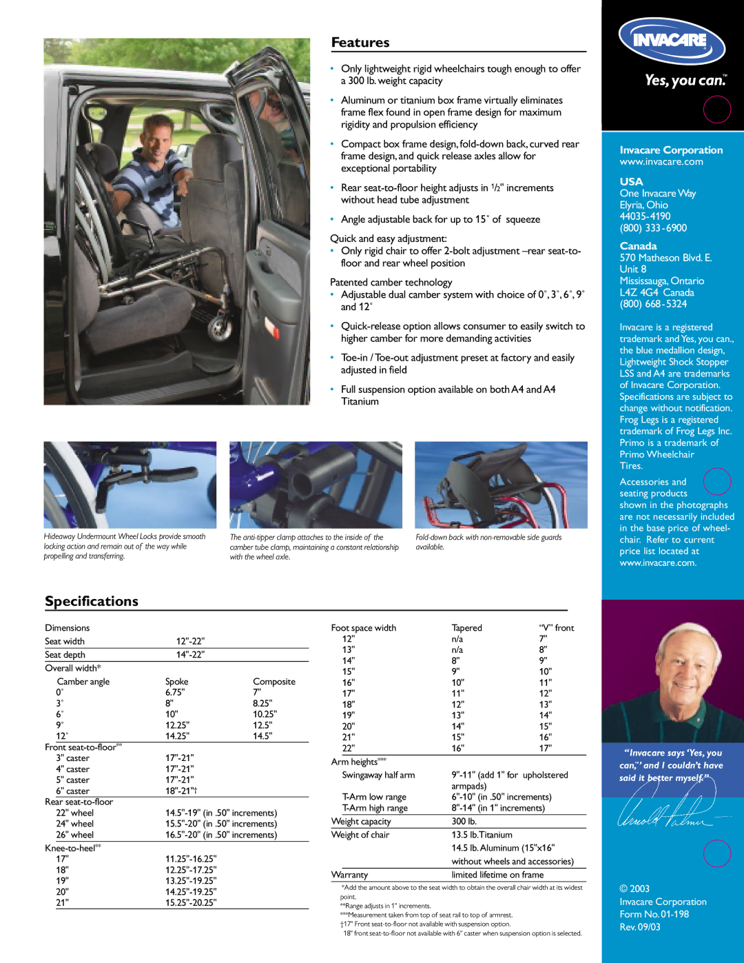 Invacare A4TM manual Features, Specifications 