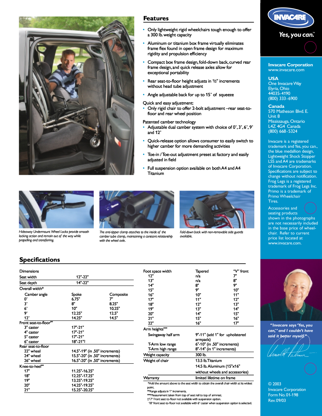 Invacare A4TM manual Features, Specifications, Invacare Corporation, One Invacare Way Elyria, Ohio 44035-4190 800, Canada 