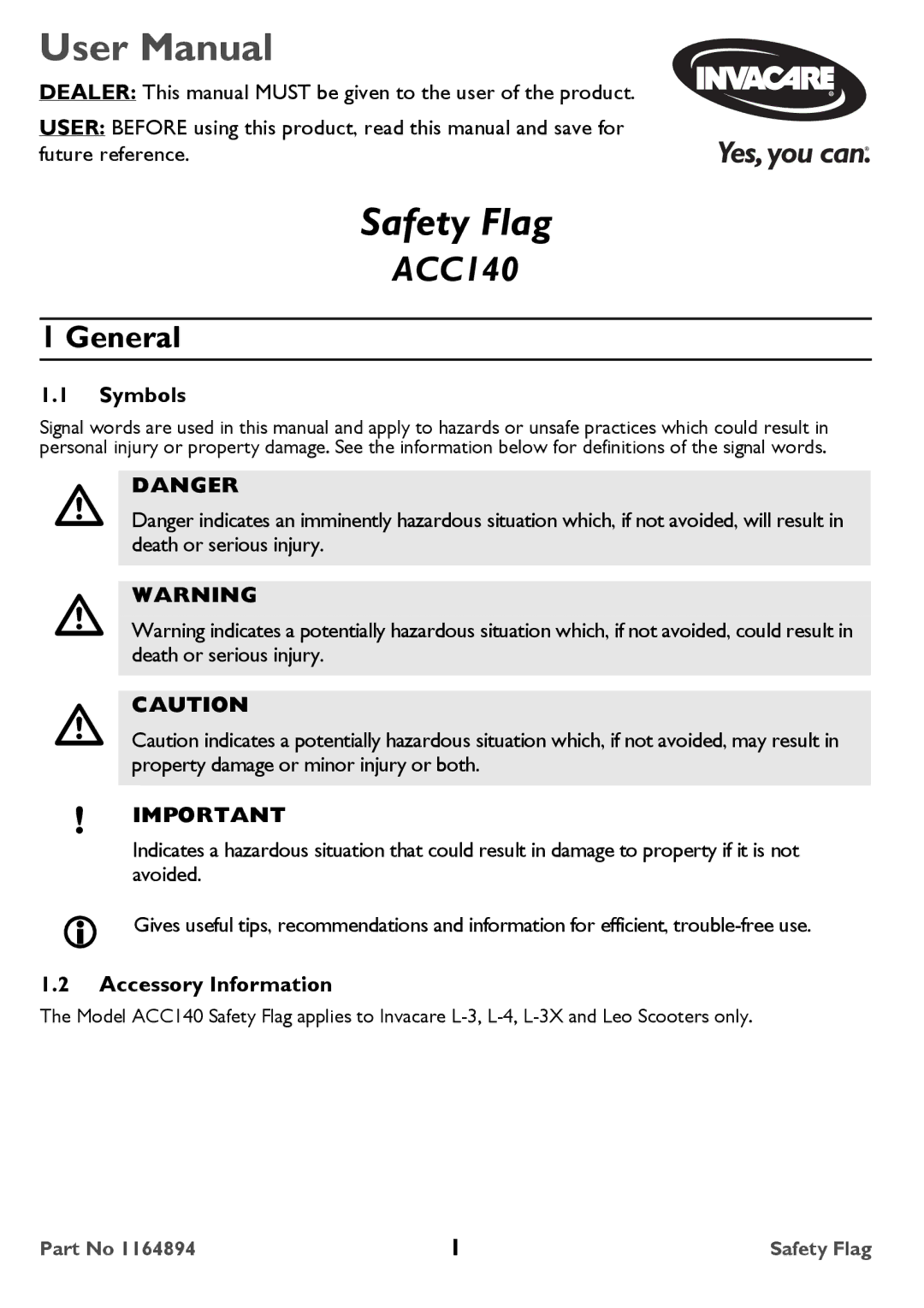 Invacare ACC140 user manual General, Symbols, Accessory Information 