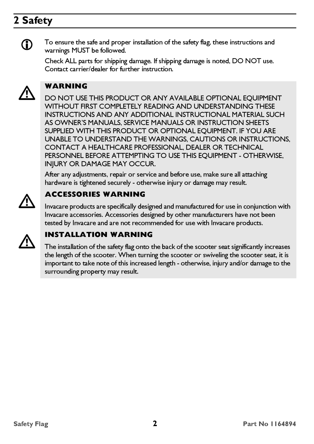 Invacare ACC140 user manual Safety, Accessories Warning 