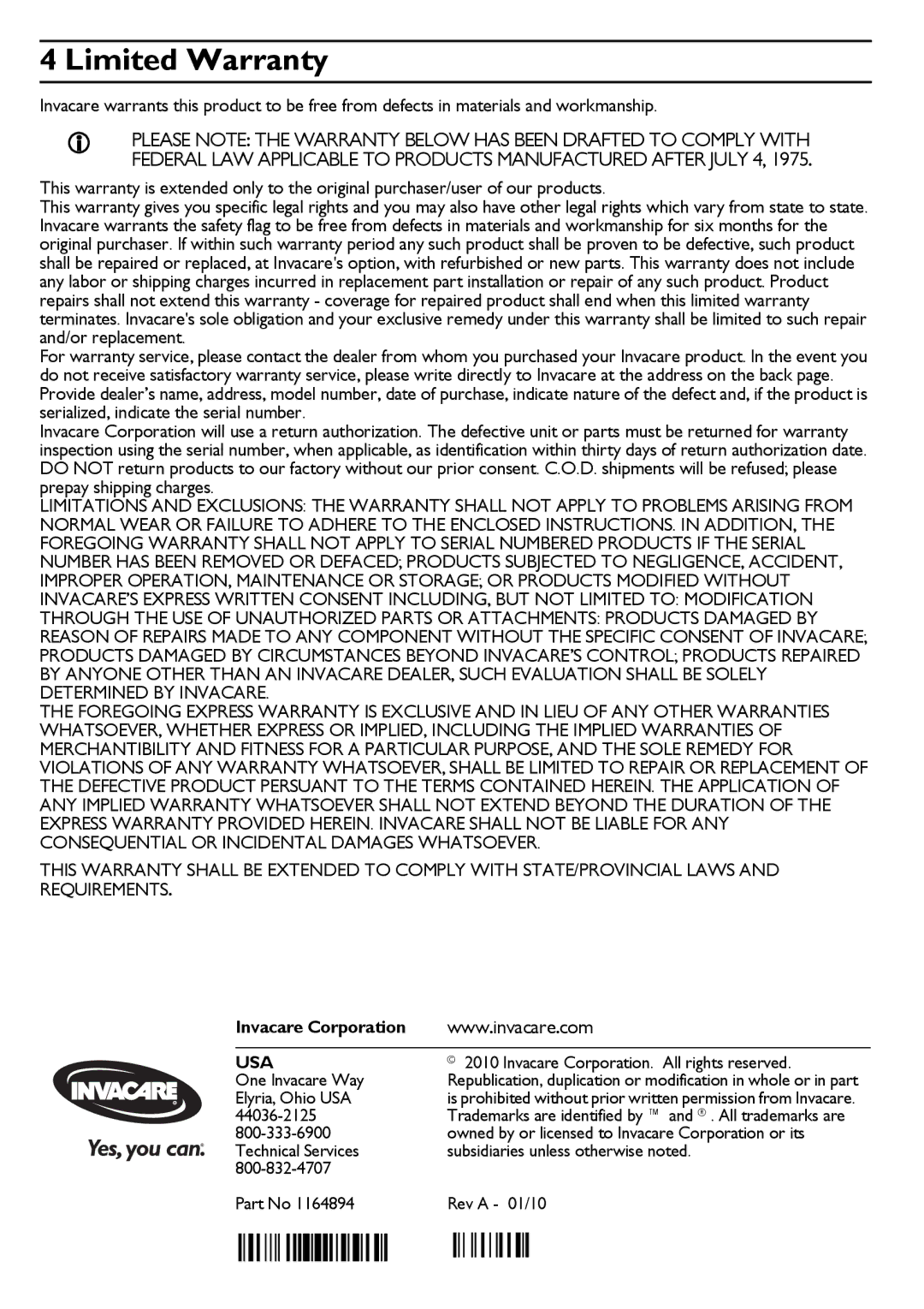 Invacare ACC140 user manual Limited Warranty, Usa 