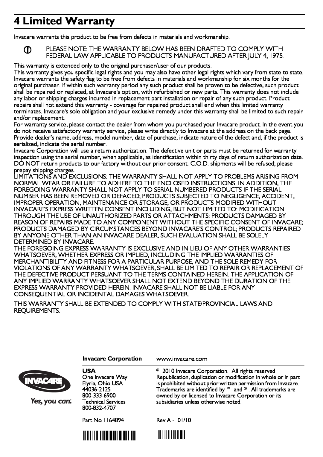 Invacare ACC140 user manual Limited Warranty, Invacare Corporation 