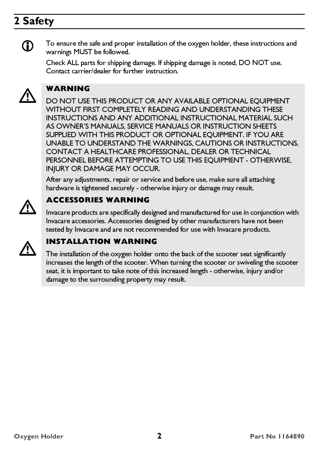 Invacare ACC220 user manual Safety, Accessories Warning 