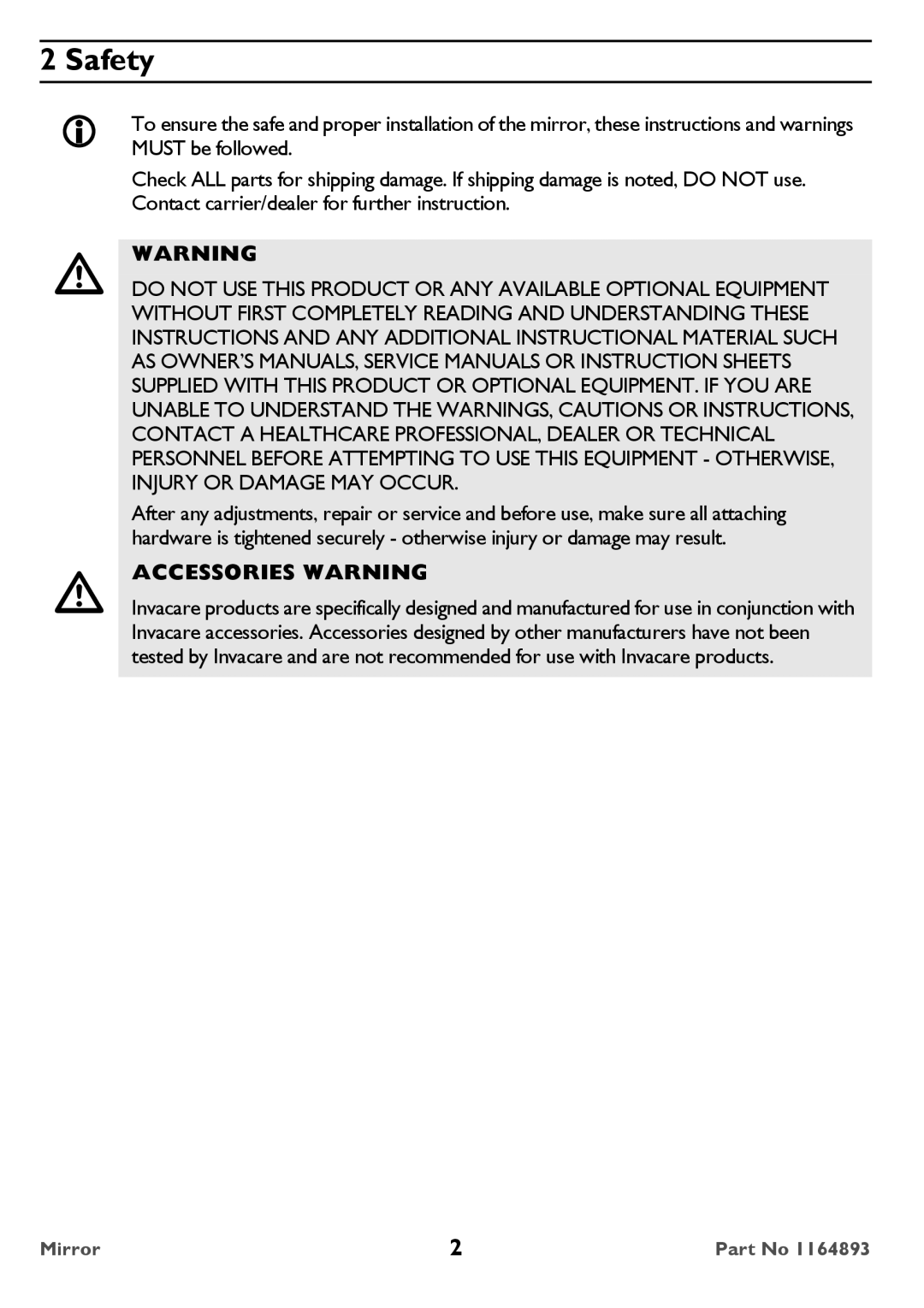 Invacare ACC250 user manual Safety, Accessories Warning 