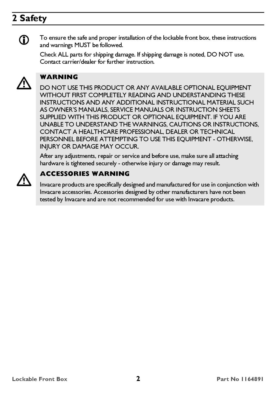 Invacare ACC270, ACC260 user manual Safety, Accessories Warning 