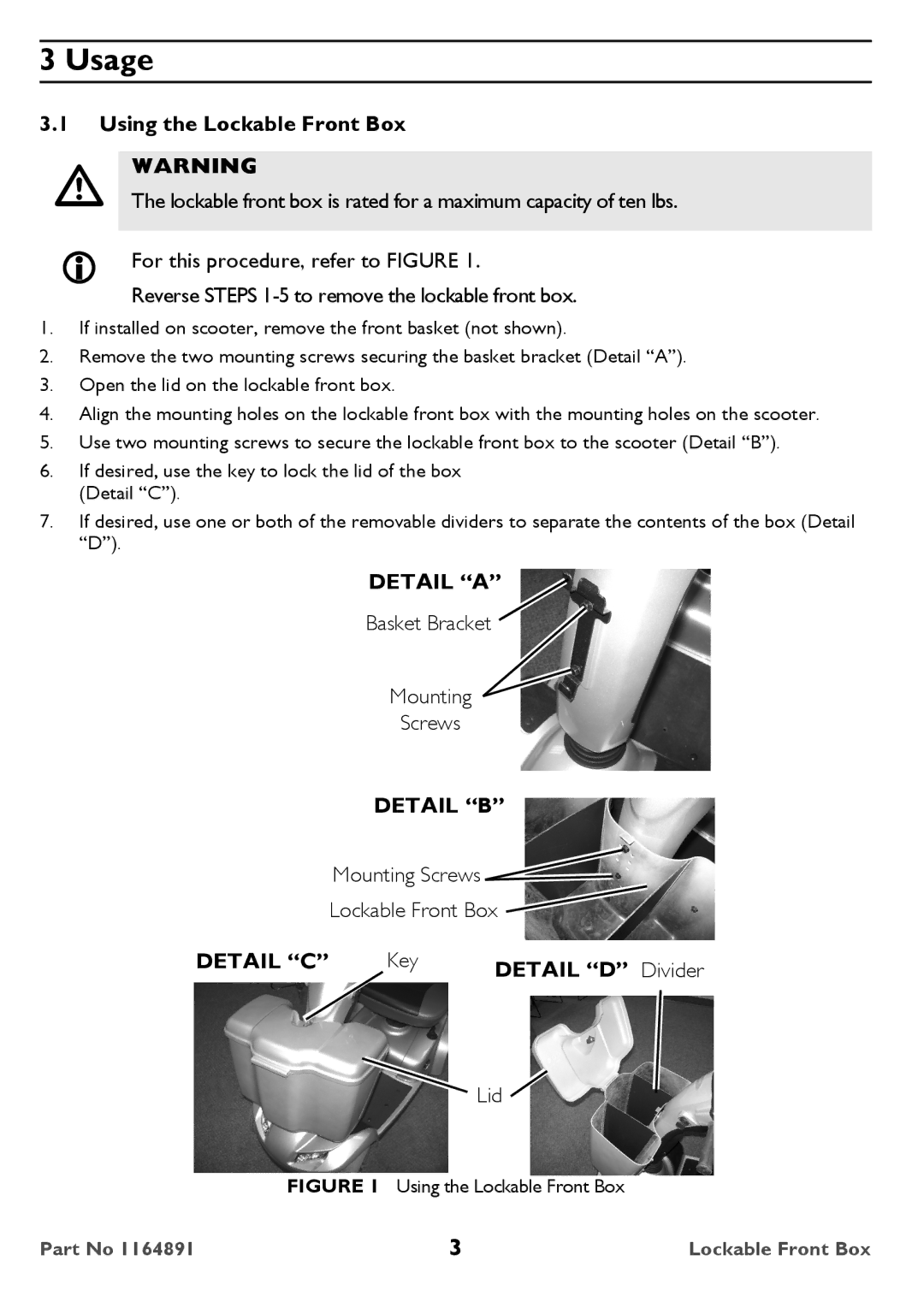 Invacare ACC260, ACC270 user manual Usage, Using the Lockable Front Box, Key, Divider 