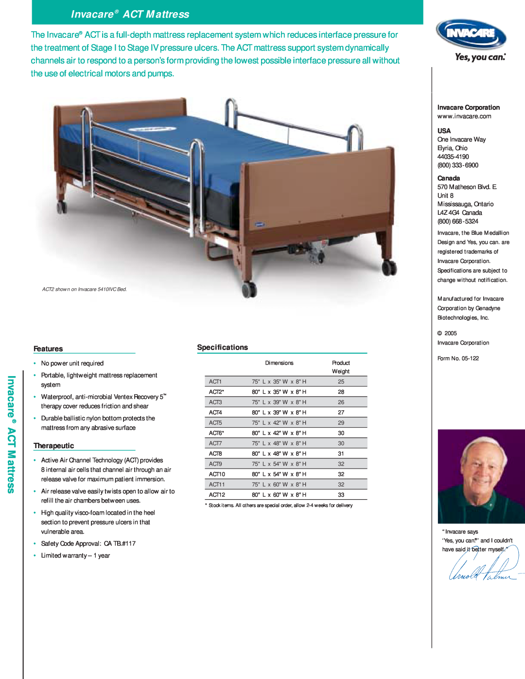 Invacare Invacare ACT Mattress, Features, Therapeutic, Specifications, Invacare Corporation, 44035-4190 800, Canada 