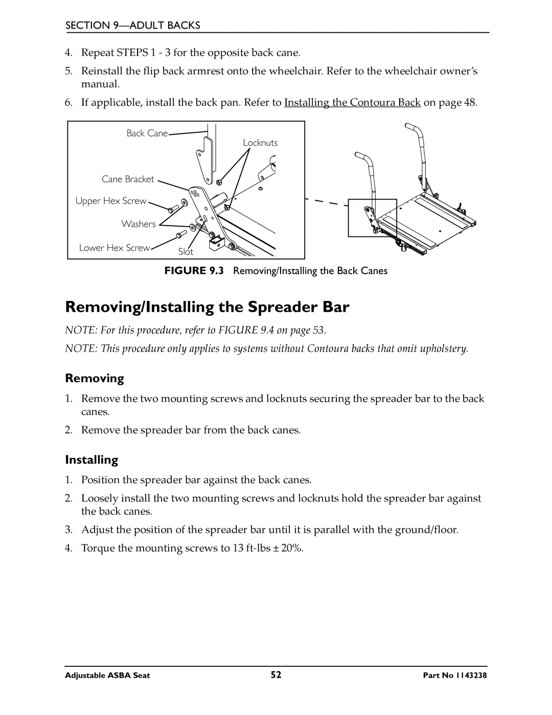 Invacare Adjustable ASBA Seat service manual Removing/Installing the Spreader Bar, Removing/Installing the Back Canes 