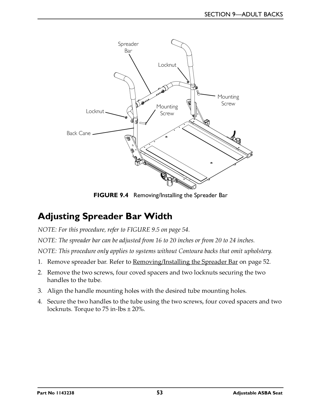 Invacare Adjustable ASBA Seat service manual Adjusting Spreader Bar Width, Removing/Installing the Spreader Bar 