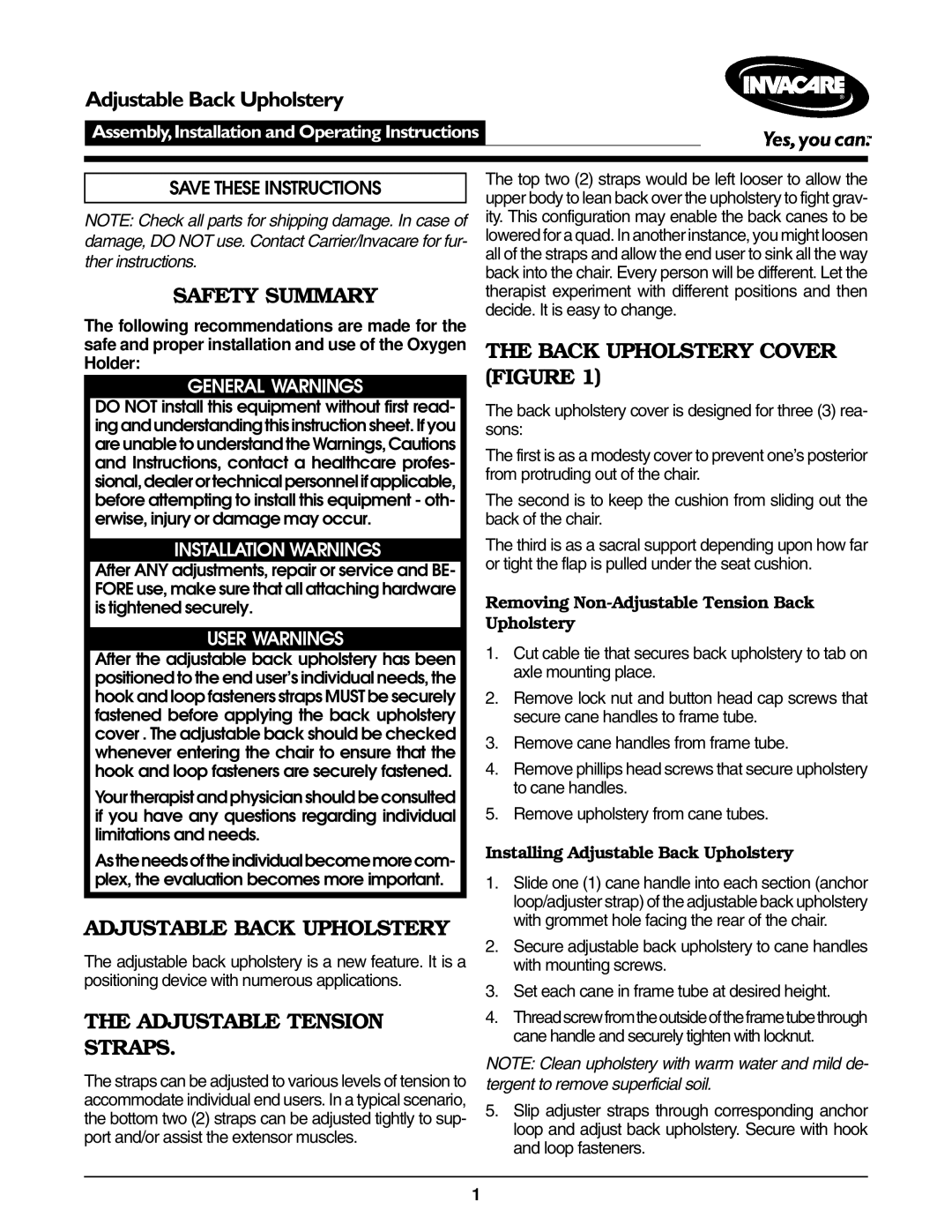 Invacare Adjustable Back Upholstery operating instructions Safety Summary, Adjustable Tension Straps 