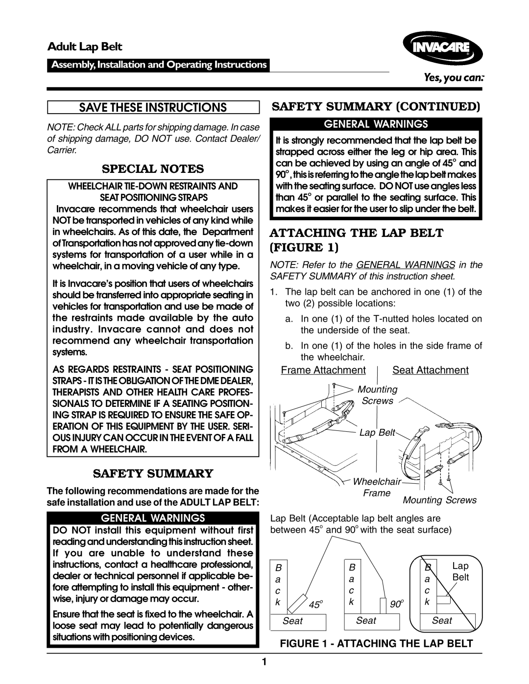 Invacare Adult Lap Belt operating instructions Special Notes, Safety Summary, Attaching the LAP Belt Figure 