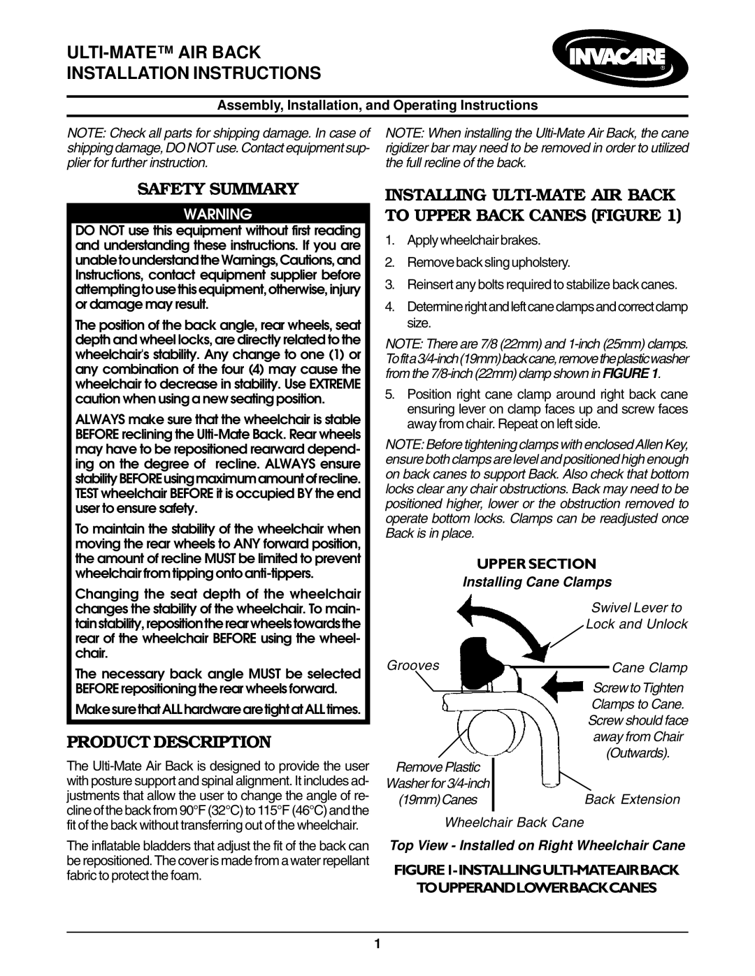 Invacare Air Back installation instructions ULTI-MATE AIR Back Installation Instructions, Safety Summary, Upper Section 