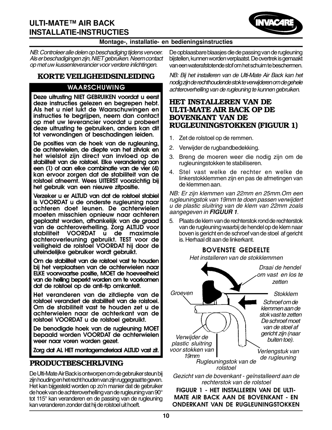 Invacare Air Back ULTI-MATE AIR Back INSTALLATIE-INSTRUCTIES, Korte Veiligheidsinleiding, Productbeschrijving 