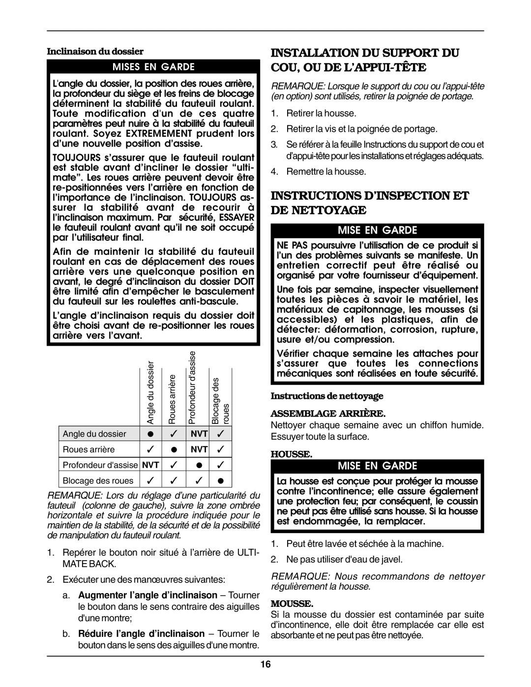 Invacare Air Back Installation DU Support DU COU, OU DE L’APPUI-TÊTE, Instructions D’INSPECTION ET DE Nettoyage 