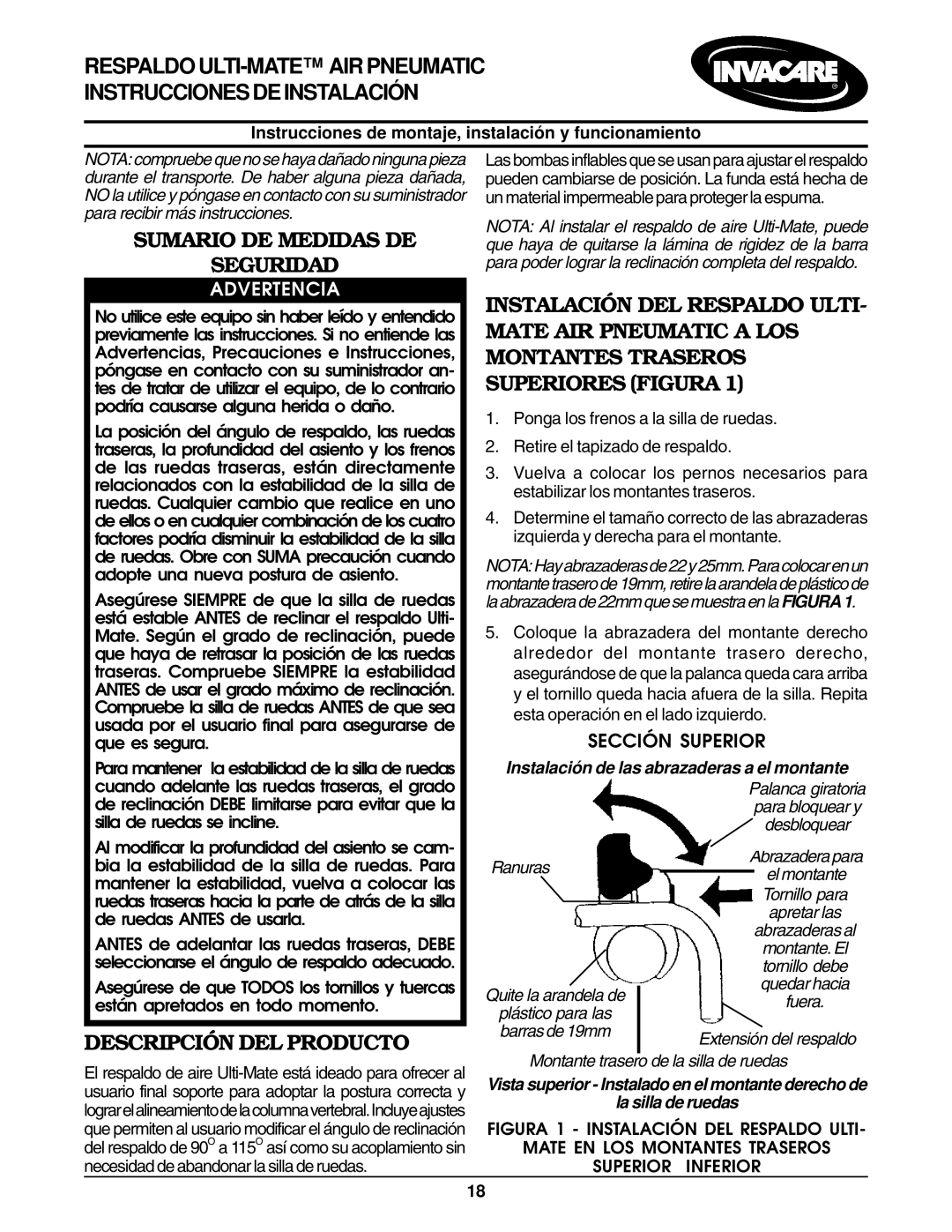 Invacare Air Back Sumario DE Medidas DE Seguridad, Descripción DEL Producto, Advertencia, Sección Superior 