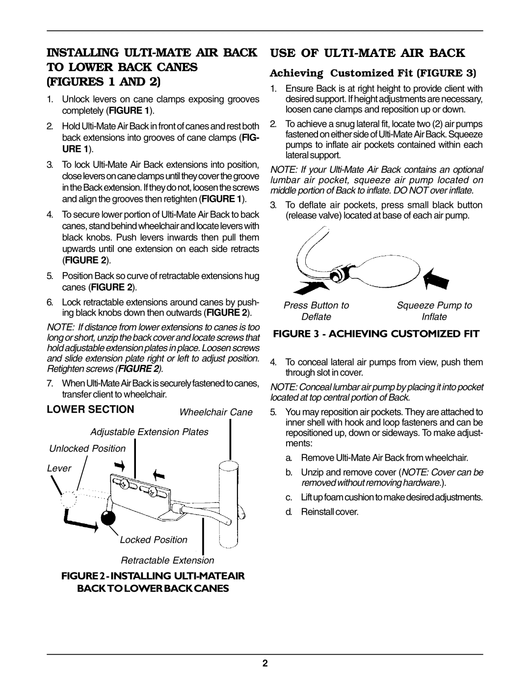 Invacare Air Back Installing ULTI-MATE AIR Back to Lower Back Canes Figures 1, USE of ULTI-MATE AIR Back, Wheelchair Cane 