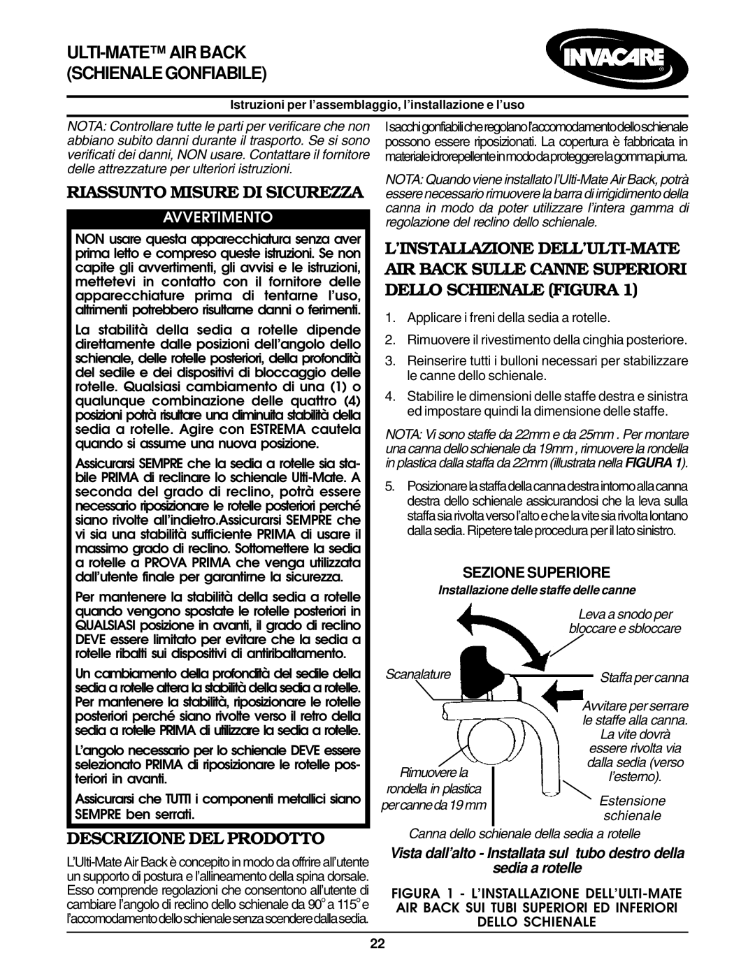 Invacare Air Back installation instructions Riassunto Misure DI Sicurezza, Descrizione DEL Prodotto, Avvertimento 