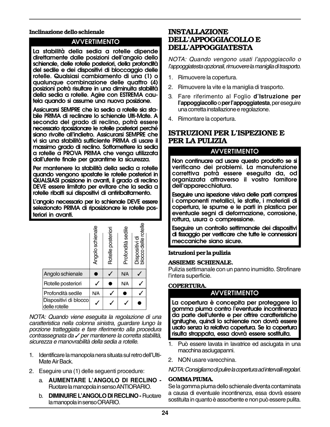 Invacare Air Back Installazione DELL’APPOGGIACOLLO E DELL’APPOGGIATESTA, Istruzioni PER L’ISPEZIONE E PER LA Pulizia 