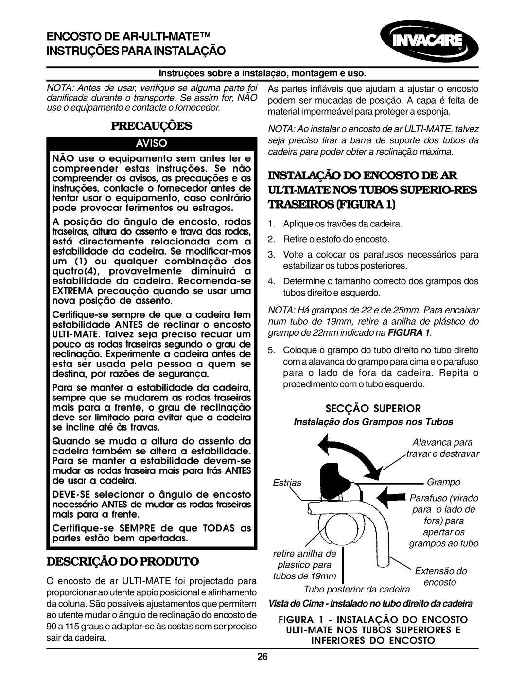 Invacare Air Back Encosto DE AR-ULTI-MATE Instruçõ ES Para Instalaçã O, Precauções, Descrição do Produto, Aviso 