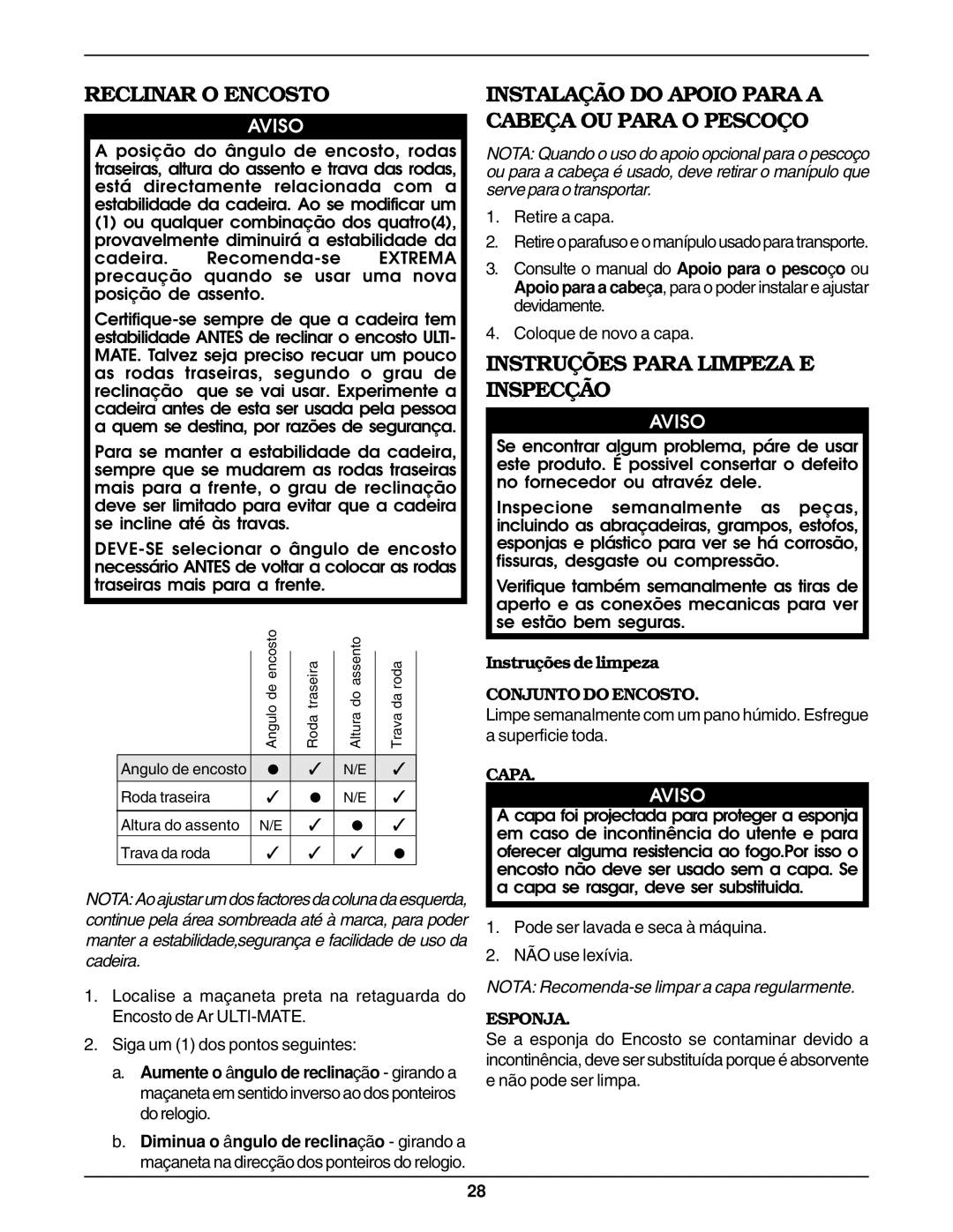 Invacare Air Back installation instructions Reclinar O Encosto, Instruções Para Limpeza E Inspecção 