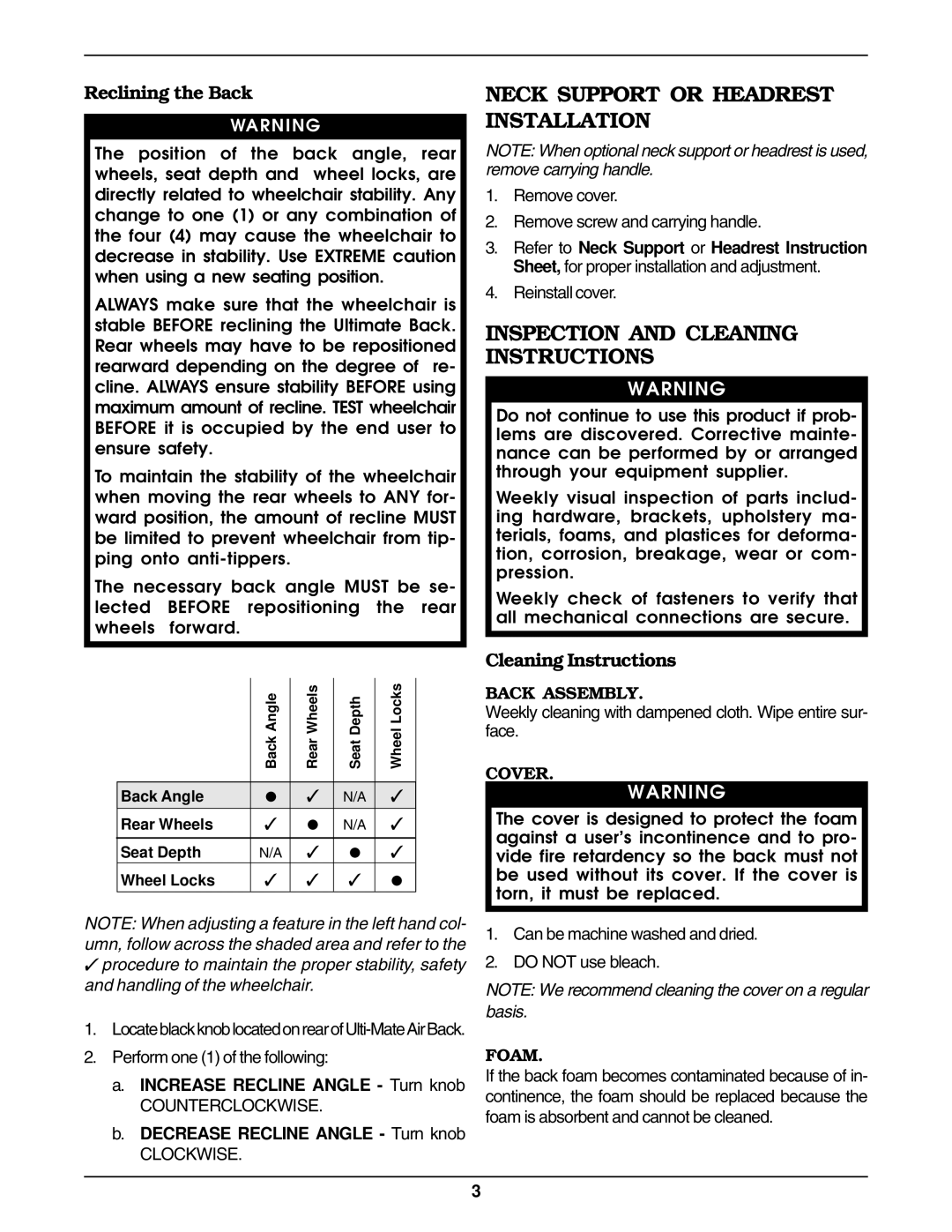 Invacare Air Back installation instructions Neck Support or Headrest Installation, Inspection and Cleaning Instructions 