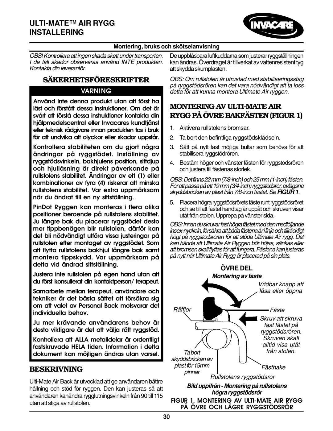 Invacare Air Back ULTI-MATE AIR Rygg Installering, Säkerhetsföreskrifter, Beskrivning, Varning, Montering av fäste 