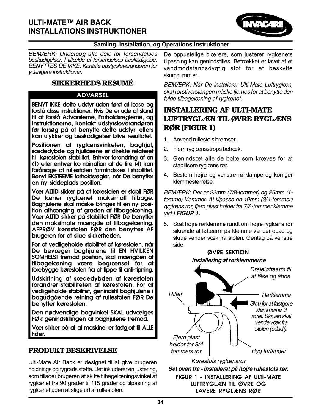 Invacare Air Back ULTI-MATE AIR Back Installations Instruktioner, Sikkerheds Resumé, Produkt Beskrivelse 