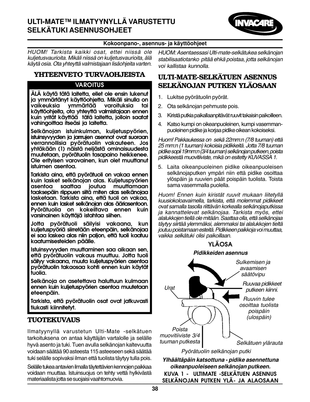 Invacare Air Back Yhteenveto Turvaohjeista, Tuotekuvaus, ULTI-MATE-SELKÄTUEN Asennus Selkänojan Putken Yläosaan, Varoitus 