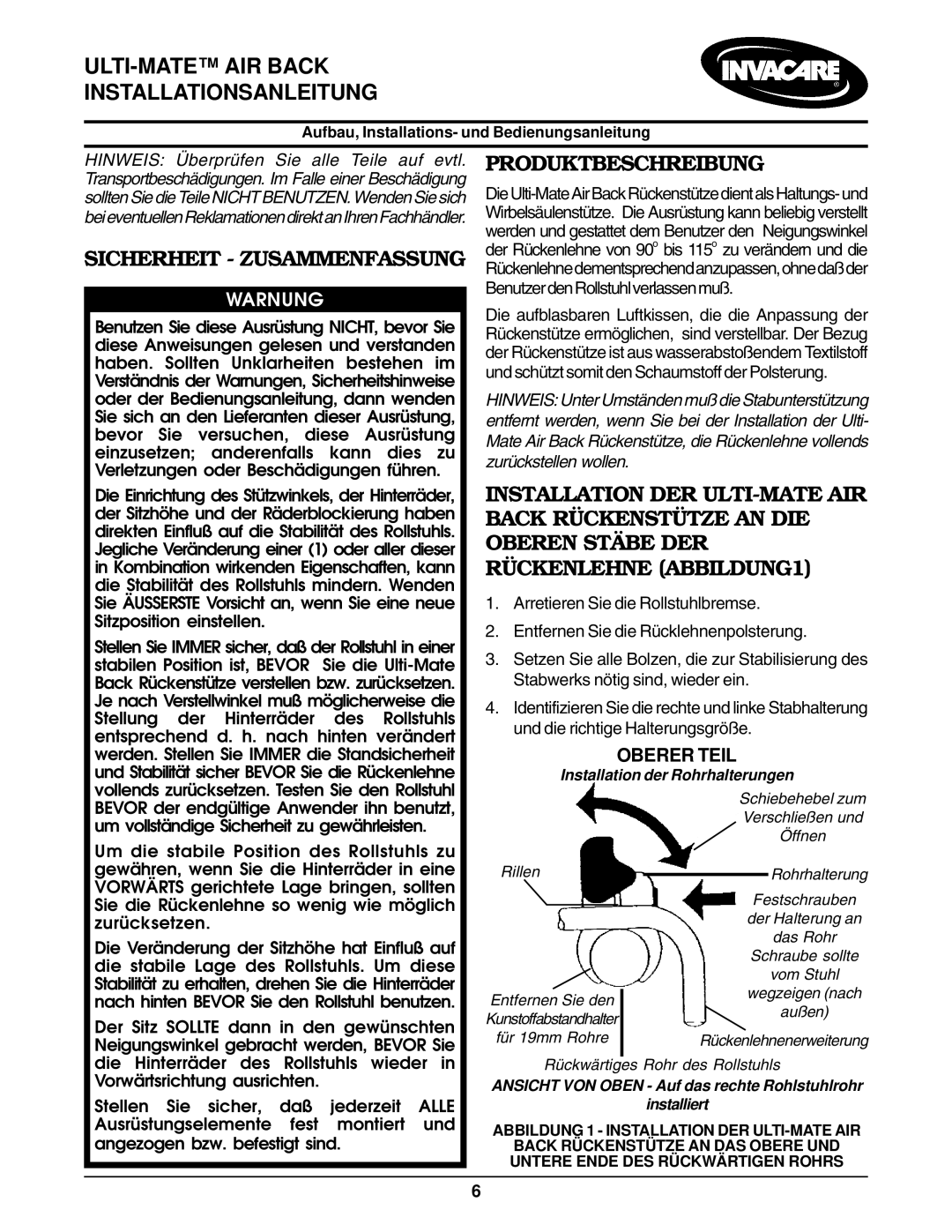 Invacare Air Back ULTI-MATE AIR Back Installationsanleitung, Sicherheit Zusammenfassung, Produktbeschreibung, Warnung 