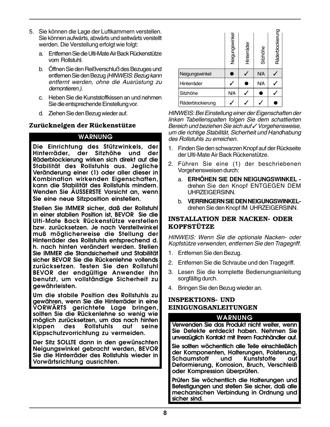 Invacare Air Back installation instructions Zurückneigen der Rückenstütze, Ziehen Sie den Bezug wieder auf 